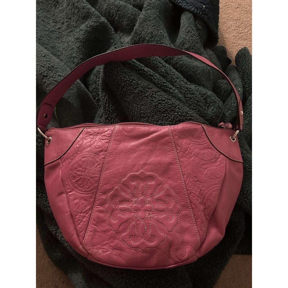 SOLINA Pink Purple Leather Pebbled Shoulder Bag Med Good Condition